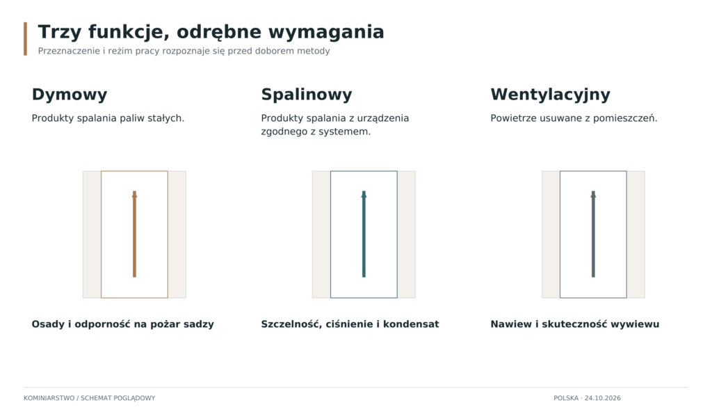 Schemat: Funkcje przewodów dymowych, spalinowych i wentylacyjnych